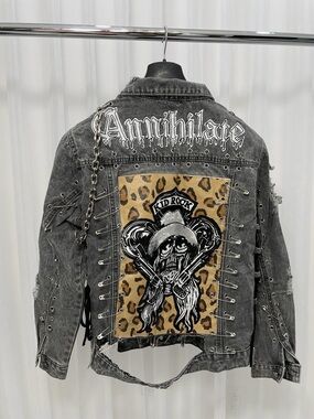 Distressed Grey Men's Denim Jacket with Leopard Back Patch